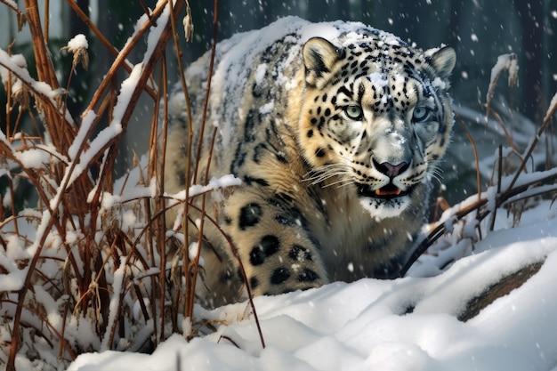 Um leopardo-da-neve caçando sua presa em uma floresta coberta de neve