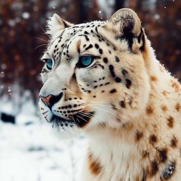 Um leopardo da neve com olhos azuis.