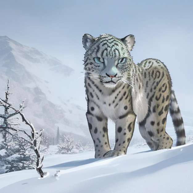 Um leopardo-da-neve está de pé na neve.