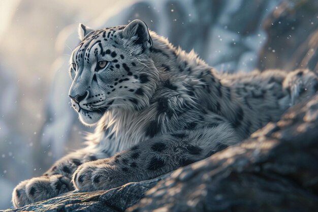 um leopardo da neve está deitado em uma rocha com o sol atrás dele