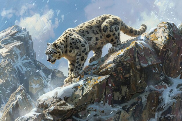 um leopardo da neve está em uma rocha e tem uma montanha ao fundo