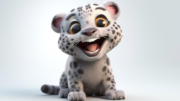 Um leopardo da neve está sorrindo e olhando para a câmera.