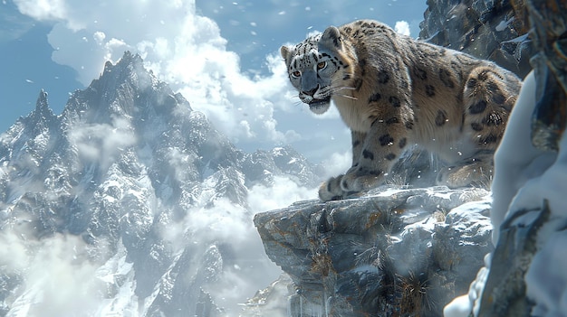 Foto um leopardo da neve no pico da montanha papel de parede arte generativa ai