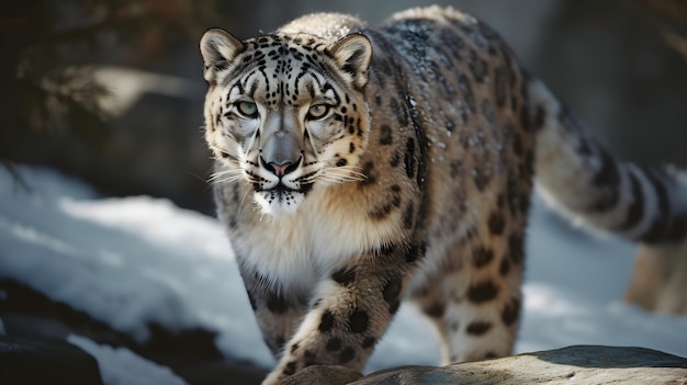 Um leopardo-das-neves caminha pela neve.
