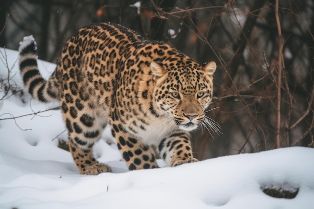 Um leopardo de amur na neve espécie criticamente ameaçada