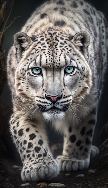 Um leopardo de olhos azuis caminha pela floresta.