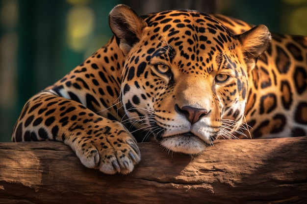Um leopardo descansando em um galho com um fundo desfocado.