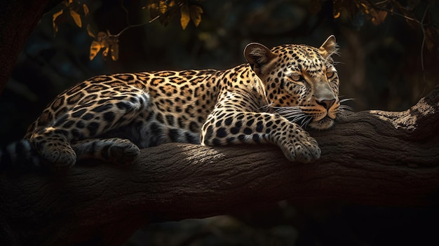 Um leopardo descansando em um galho de árvore na floresta