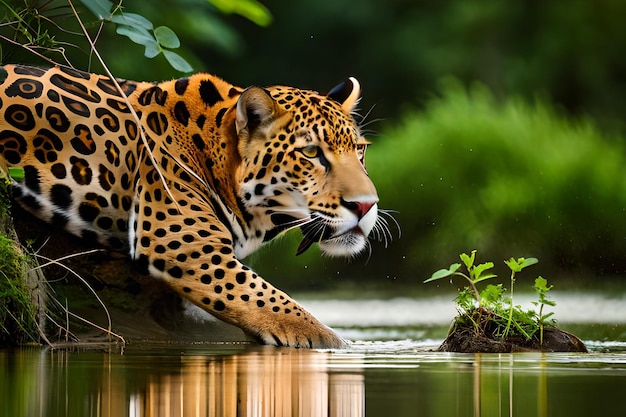 Um leopardo é visto em um rio.