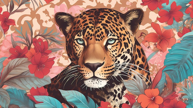 Um leopardo em um fundo florido