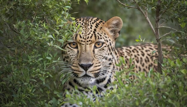 Um leopardo escondido atrás de um arbusto