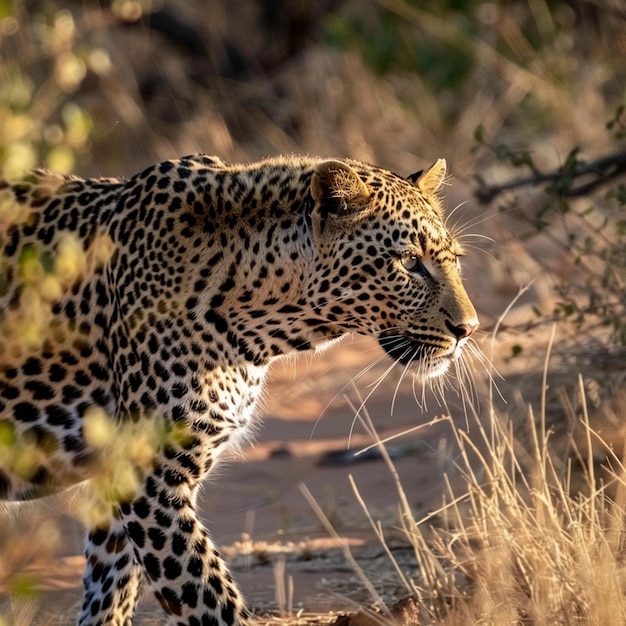 Foto um leopardo está andando pela grama