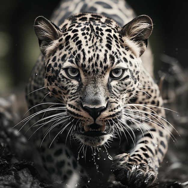 Um leopardo está andando pelas folhas e está olhando para a câmera