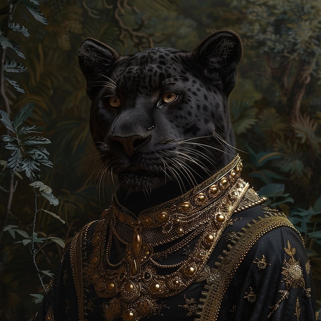 um leopardo está de pé numa floresta com uma cadeia de ouro ao redor do pescoço