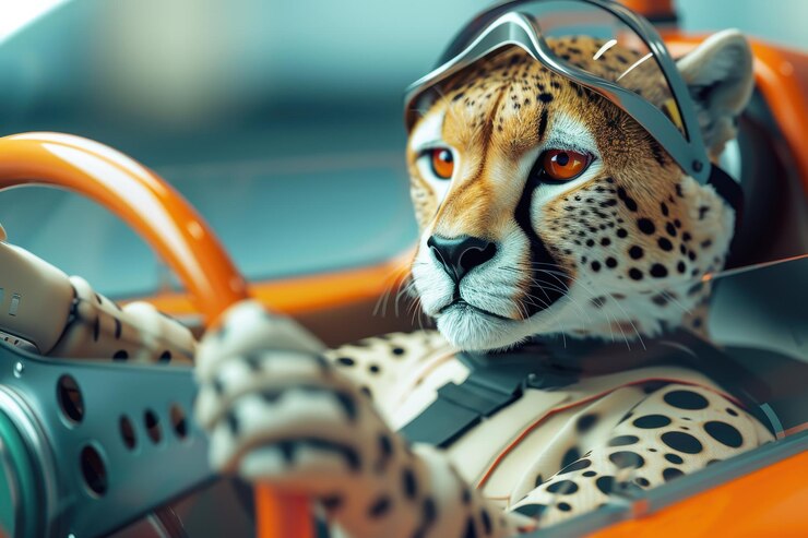 Foto um leopardo está dirigindo um carro de corrida com um capacete amarelo