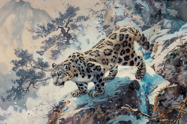 um leopardo está em uma montanha com árvores no fundo