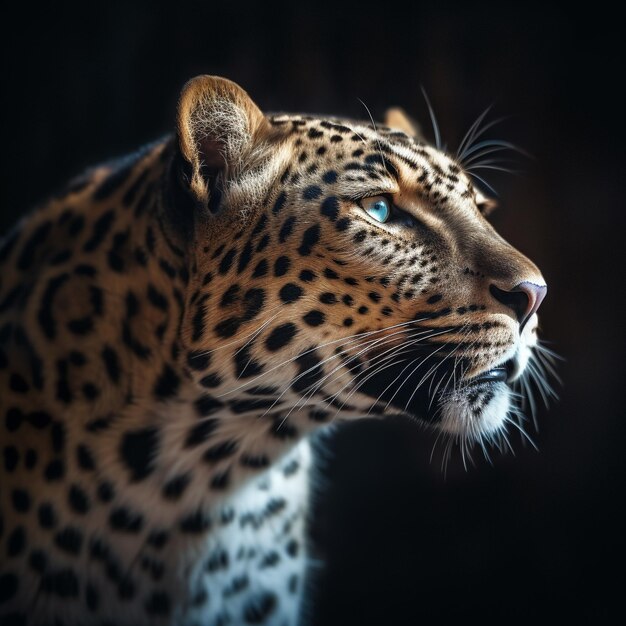 um leopardo está olhando para a câmera com um fundo preto.