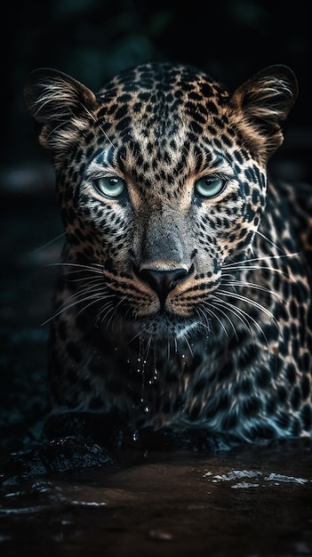 Um leopardo no escuro com fundo preto