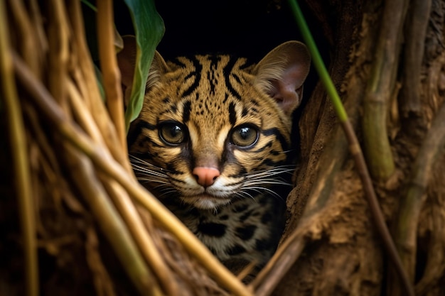 Um leopardo nublado é visto em uma árvore.