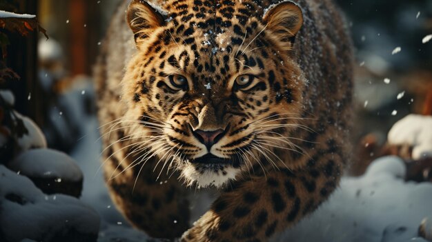 um leopardo pulando no ar em uma floresta de neve