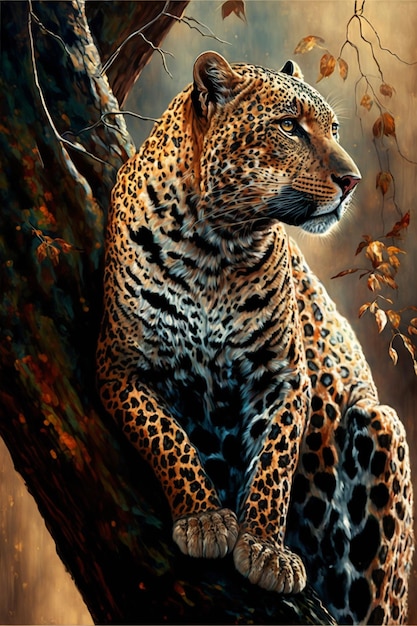 Um leopardo senta-se em um galho de árvore em uma pintura.