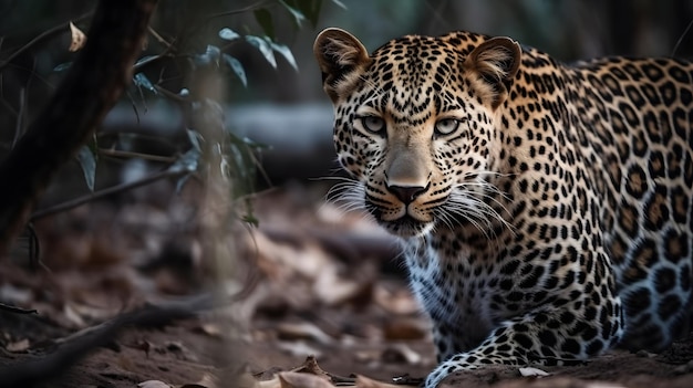 Um leopardo senta-se na selva na Índia.