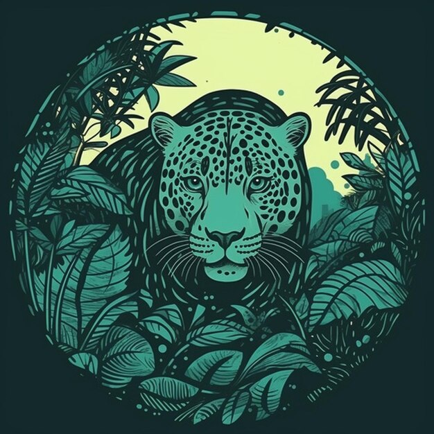 um leopardo verde na selva com folhas e plantas generativas ai