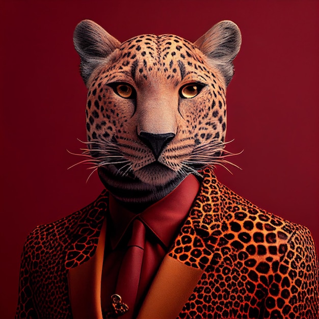 Um leopardo vestindo um terno e uma jaqueta com um laço vermelho.