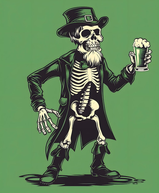 Um leprechaun esqueleto vestindo um chapéu e uma manga segura um copo de cerveja