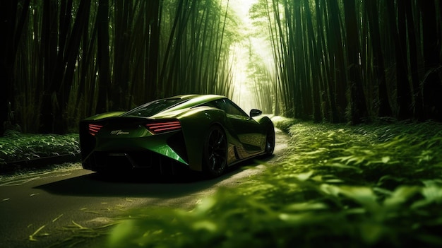 Um lexus gt verde em uma floresta de bambu