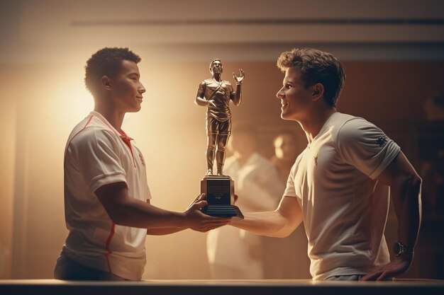 Foto um líder apresentando um troféu a um atleta