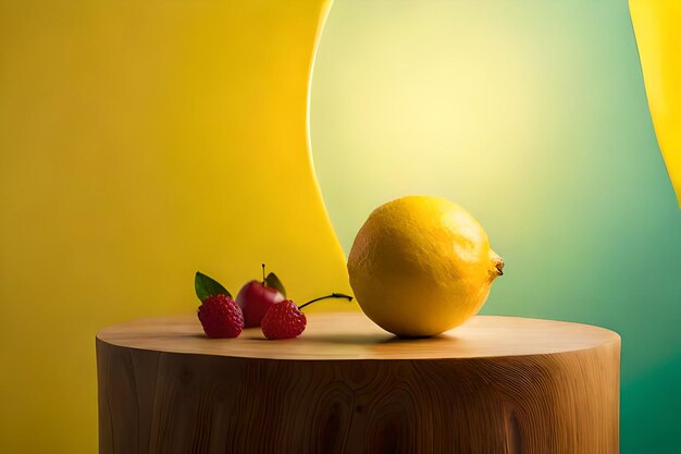 Um limão amarelo e frutas vermelhas estão sobre uma mesa em frente a uma parede amarela.