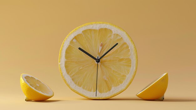 Foto um limão cortado em um relógio com duas outras cunha de limão ao lado dele o relógio está programado para 1010 o fundo é uma cor amarelo claro sólido