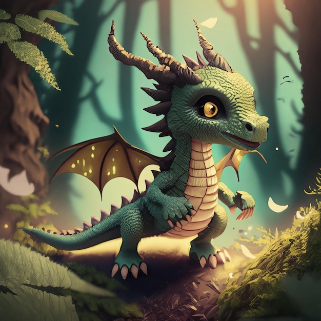 Um lindo animal dragão a correr por uma floresta mágica.