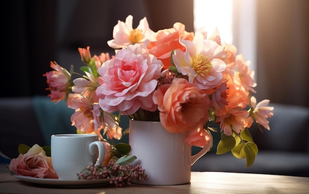 Um lindo arranjo de flores em uma xícara de café