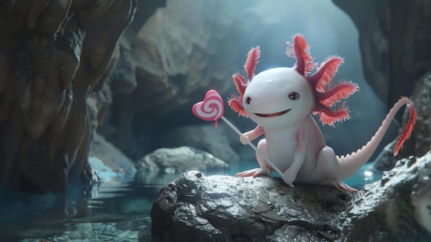 Um lindo axolotl senta-se em uma rocha em uma caverna está segurando um pirulito em forma de coração o axolotle está sorrindo e parece feliz