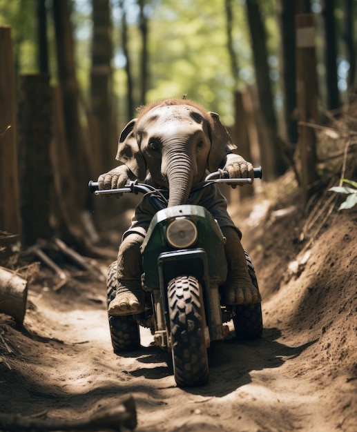 um lindo bebê elefante em uma minibike andando por uma floresta
