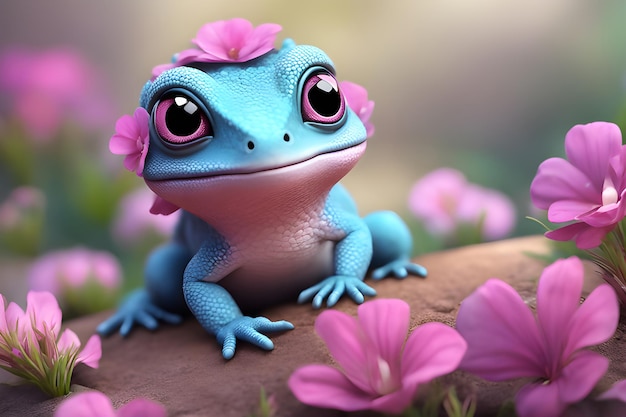 Um lindo bebé lagarto com uma pequena flor rosa na cabeça