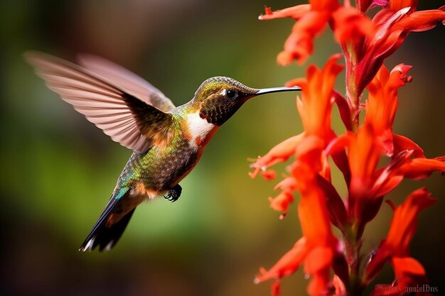 um lindo beija-flor bebendo néctar de uma flor gerada por IA