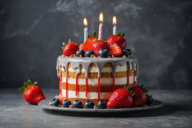 Um lindo bolo de aniversário coberto de morango e morango fresco.