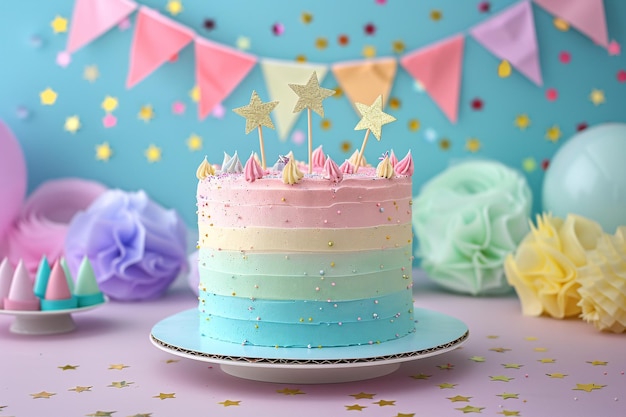 Um lindo bolo de aniversário multicolor adornado com bandeiras festivas e decorações de estrelas douradas.