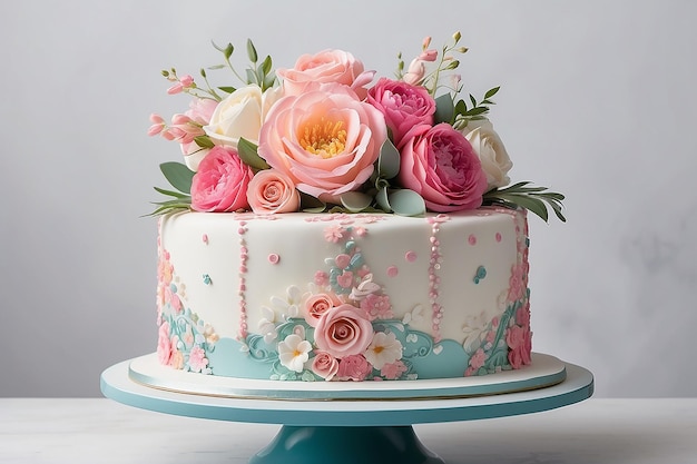 Um lindo bolo de casamento com fita em cima fica na frente de um arranjo floral com glasura rosa e branca com pontos pequenos e grandes