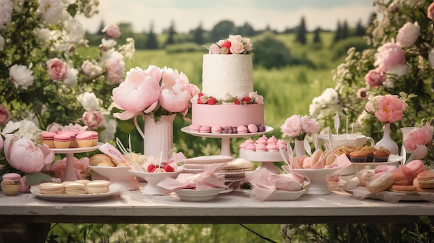 Um lindo bolo de casamento com flores no parque.