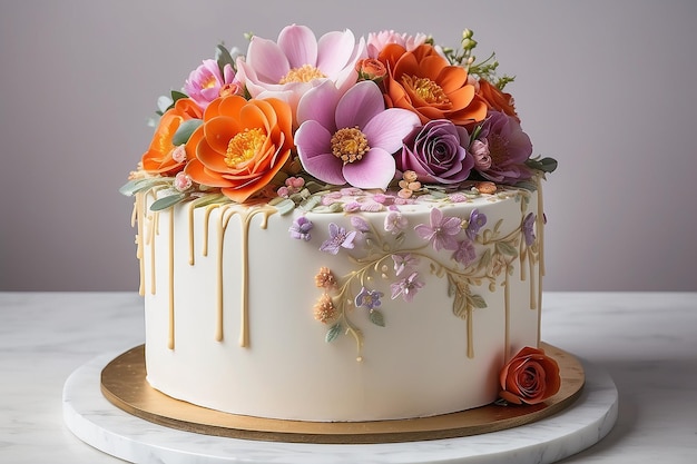 Um lindo bolo de casamento com flores.