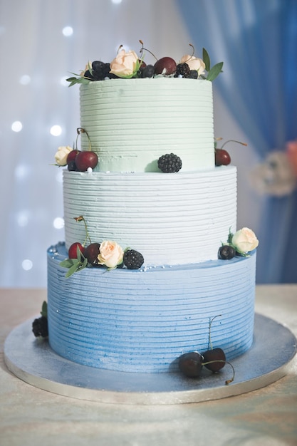 Um lindo bolo de casamento fica sobre a mesa cercado por luzes de um