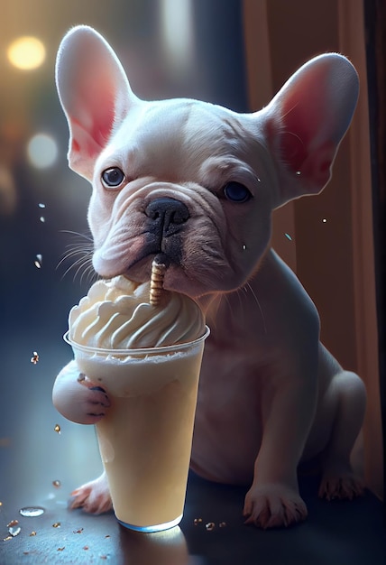 Um lindo buldogue francês está sentado em um café com um copo de coquetel e um tubo de creme por cima