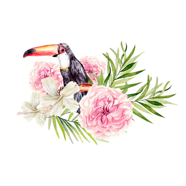 Um lindo buquê de aquarela com um pássaro de tucano e folhas de flores de palmeira