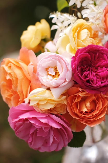 Foto um lindo buquê de rosas inglesas de david austin. flores brilhantes do jardim do vintage para umas férias