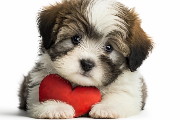 Foto um lindo cachorrinho amante dos namorados havanese com um coração vermelho isolado no fundo branco