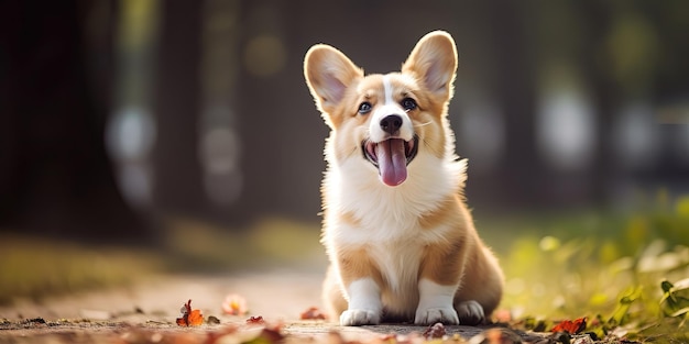 Um lindo cachorrinho de corgi galês com a boca aberta e a língua rosa está deitado no chão